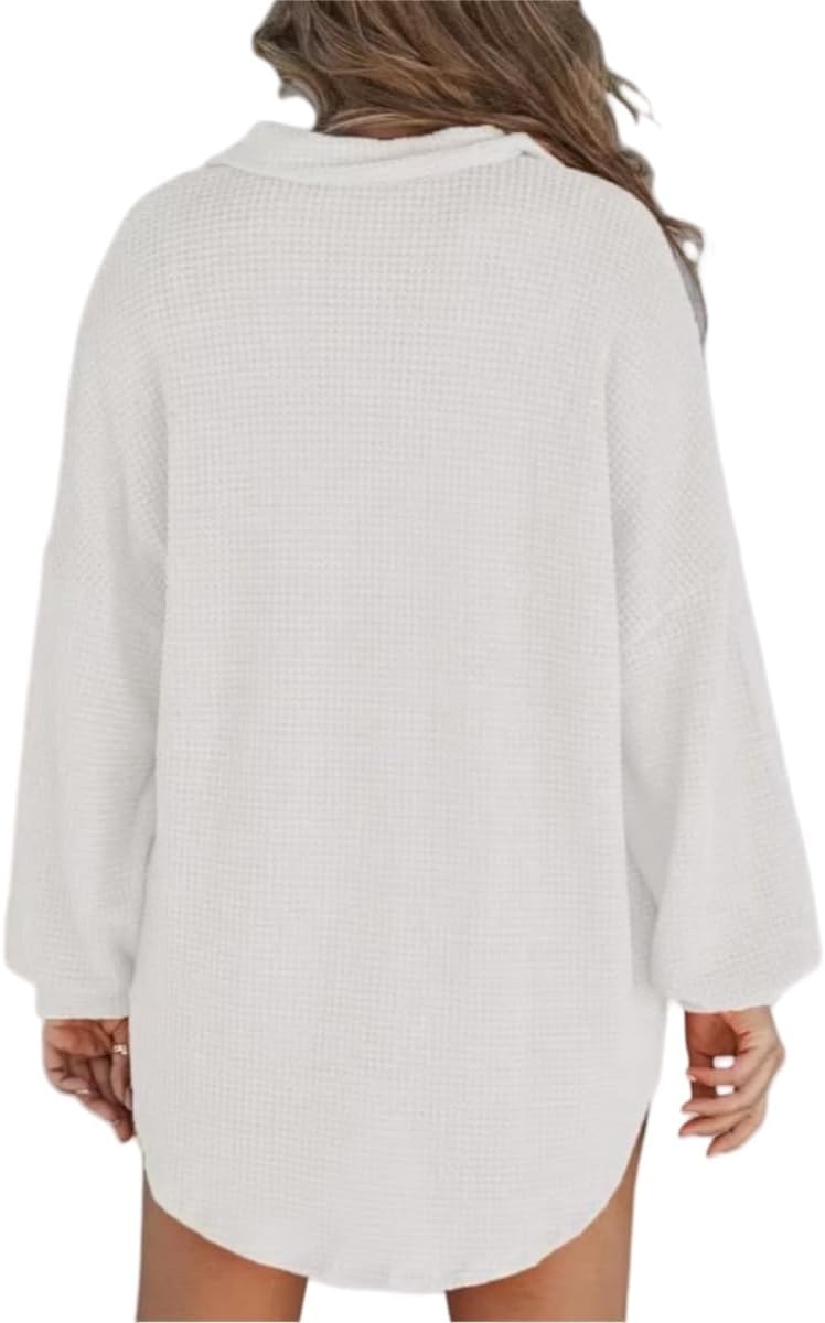 Women’s Waffle Knit Tops Loose Long Sleeve Tops Button Up Henley Shirts V Neck Solid Color Casual Tunic Pullover Tops - Image 2