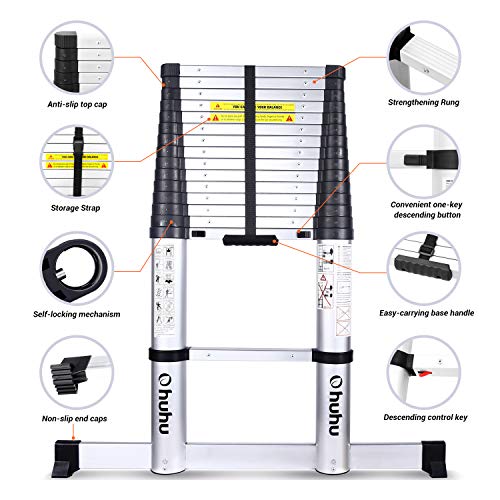 Ohuhu 15.5 FT Telescoping Ladder with Stabilizer Bar, EN131 Certified Convenient Aluminum Telescopic Extension Ladder, 330 Pound Capacity