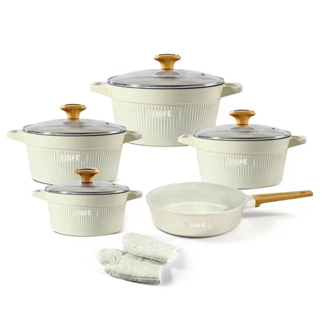 Cookware Set, 11-Piece Ceramic Non-Stick Pots and Pans with Glass Lids (White)