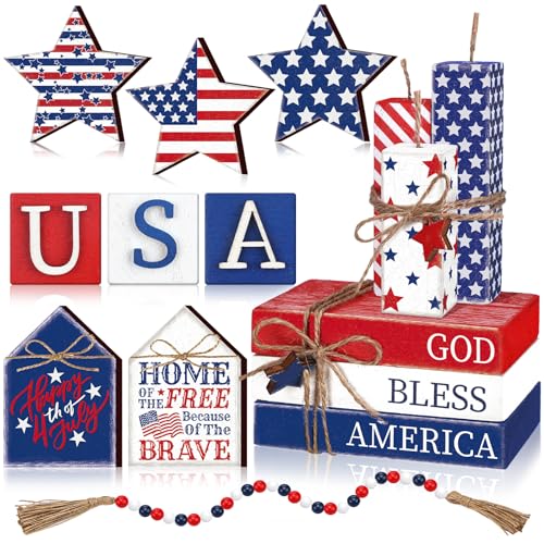 Anglechic 15 Pcs 4th of July Table Decorations Patriotic Tiered Tray Decor Wooden Memorial Day Star Centerpiece for Table Red White Blue Wood Block for 250th Anniversary Independence Day Home Tabletop