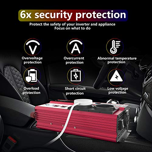 Inverter di Potenza, 600W Inverter per Auto, Convertitore da 12V a 220V con 2 Presa AC 4 Porte USB 4.8A, Power Inverter Trasformatore Auto 12v 220v LCD Display - Carica Laptop, iPad, iPhone, Tablet