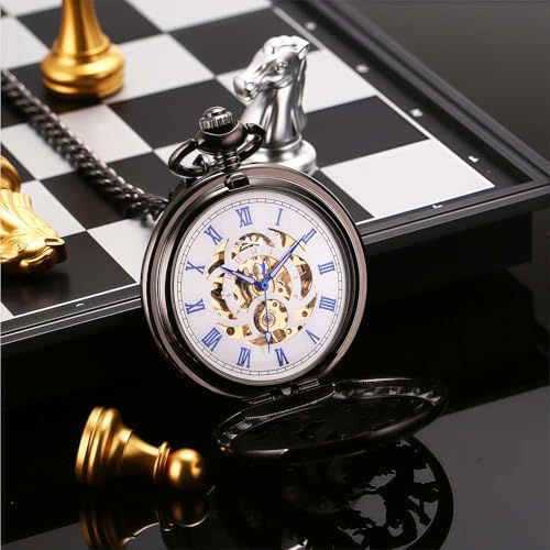 Image of ManChDa Antique Mechanical Pocket Watches for Men Lucky Dragon Phoenix Pocket Watch with Chain Skeleton Dial Roman Numerals Gifts for Fathers Day