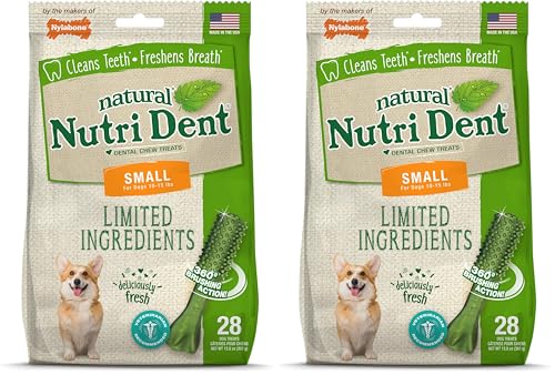 Image of Nylabone Nutri Dent Dog Dental Chews - Natural Dog Teeth Cleaning & Breath Freshener - Dental Treats for Dogs - Fresh Breath Flavor, Small (28 Count) (Pack of 2)