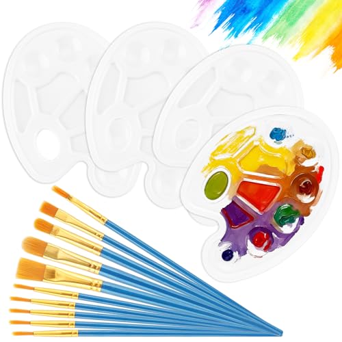 Zosenyer 4 unidades palhetas de mistura 10 pincéis com orifício de aderência e 10 campos de mistura paleta de pintura reutilizável acrílica e óleo adequado para iniciantes artistas e estudantes