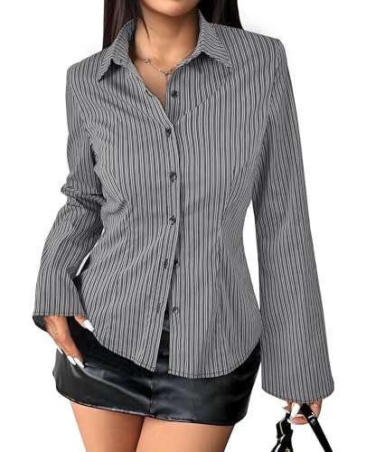 Striped Button Down Shirts for Women Dress Shirt Slim Fit Long Sleeve Casual Collared Work Blouse Y2K Fall Outfits