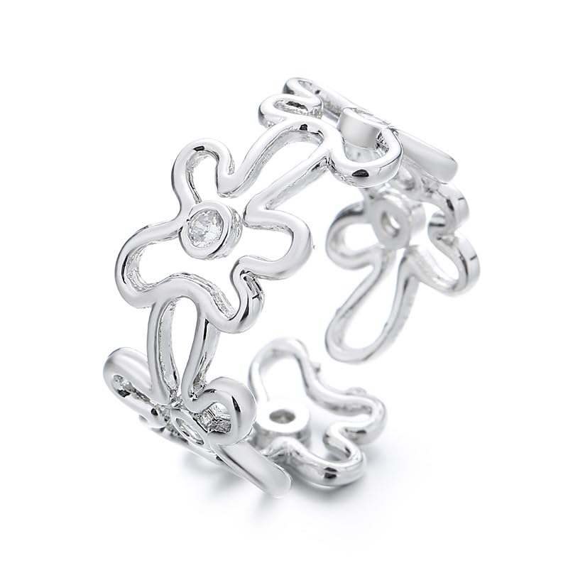 Jewelry Sparkling Daisy Flower Ring for Women Sterling Silver Sparkling Crystal CZ Floral Open Wrap Finger Band Adjustable Engagement Promise Rings
