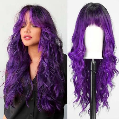 EMMOR Purple Wigs with Bangs Curly Synthetic Women's Wig Long  Heat-Resistant Wig for Daily Use Natural and comfortable
