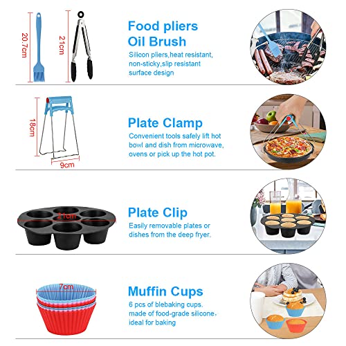 Heißluftfritteuse Zubehör Set, 8 Zoll 13-teilige Airfryer Zubehör Set für 3.8-5.5L Heißluftfritteusen mit Rezepte, Antihaft-Kuchenförmchen, Pizzablech, Silikonpfanneneinlage, Muffinförmchen usw. – Bild 6