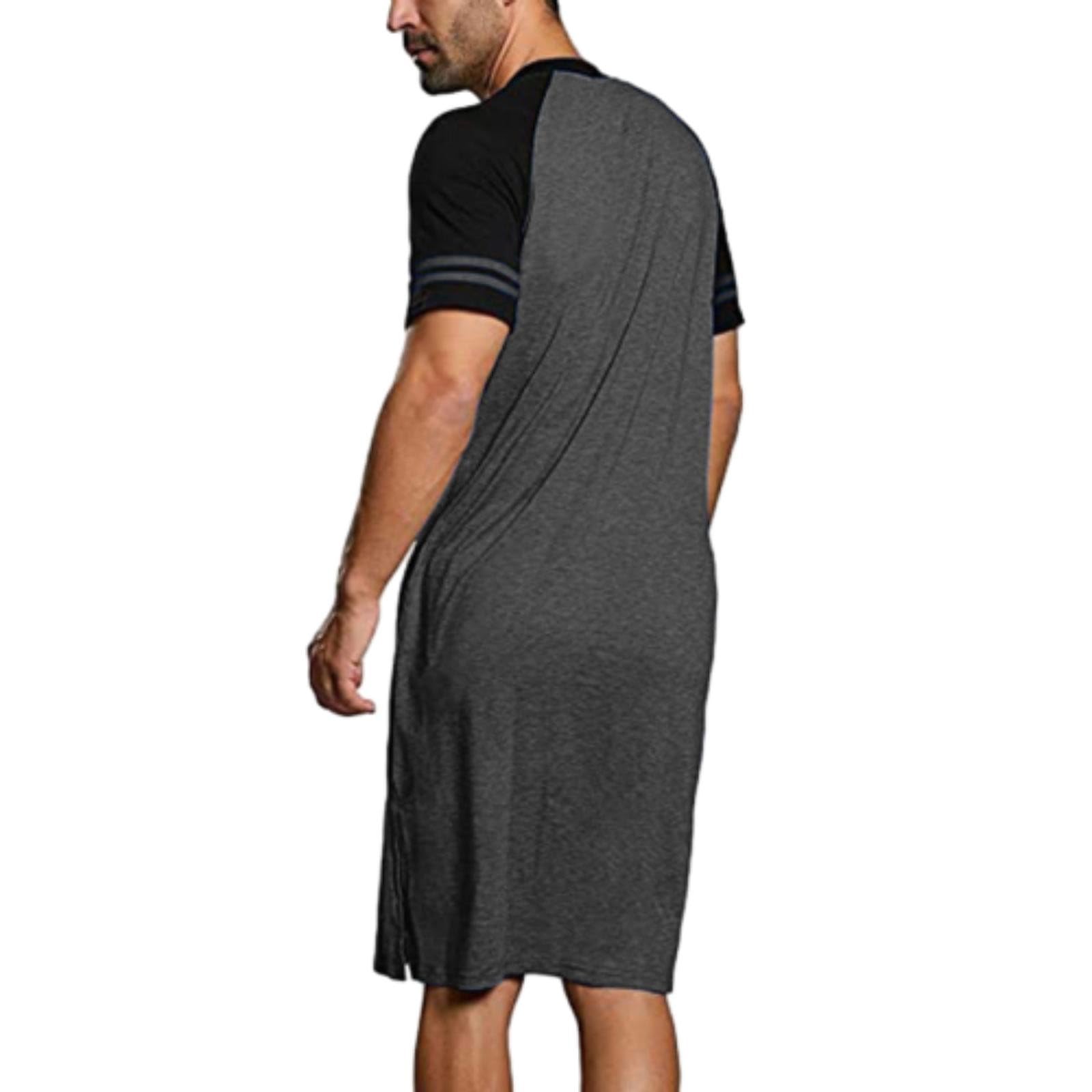 Camisón de manga corta para hombre, informal, con cuello Henley, manga raglán, camiseta básica para hombre, ropa de dormir elástica hasta la rodilla, camiseta para dormir, ropa de dormir, ropa de