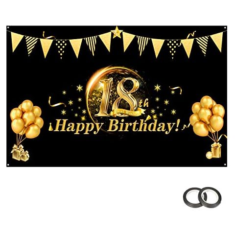 18th Birthday Backdrop Banner, Fennoral Black Gold 18 Years Party Decoration Extra Large 18th Birthday Photography Background for 18th Birthday Anniversary Party Decor Cover