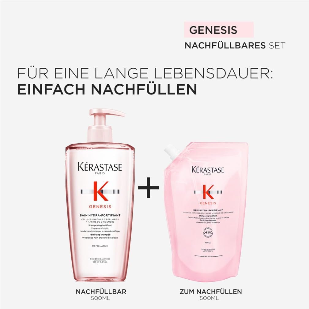 Kérastase Genesis Bain Hydra-Fortifiant Nachfüllset, Kräftigendes Shampoo bei Haarverlust durch Haarbruch, Enthält: Genesis Bain Hydra-Fortifiant 500 ml im Pumpspender sowie 500-ml-Nachfüllpackung