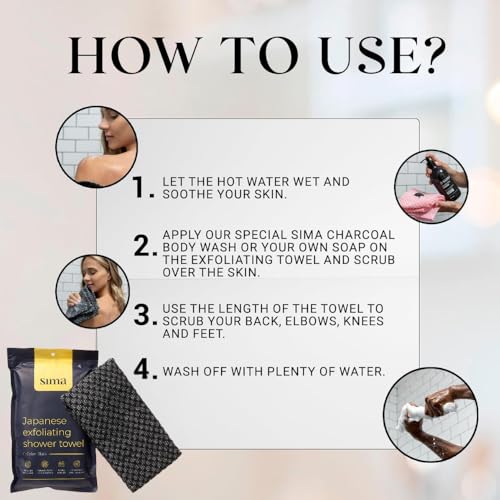 exfoliating washcloth face amp body scrub towel - japanese exfoliating towel with hexagon fibers body scrubber with 2 sides for scrubbing amp washing extra long body towel black