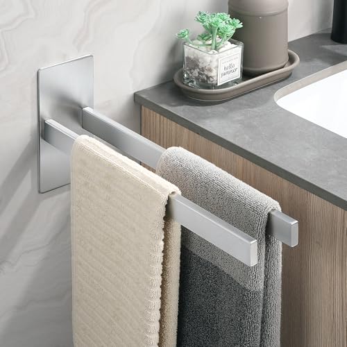 Dvocel Toallero sin taladrar, 2 brazos, autoadhesivo, acero inoxidable 304, acero inoxidable cepillado, toallero de pared doble, para baño y cocina, color plateado