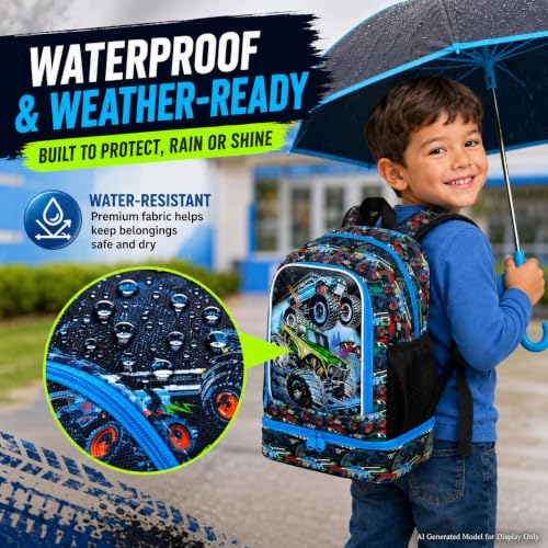 Image of WZLVO 2-In-1 Truck Preschool Backpack Set, 17 inch Cool UV Printing Boys Bookbag /School Bag with Built-in Lunch Compartment & Pencil Bag for Kids to Elementary - Truck Green