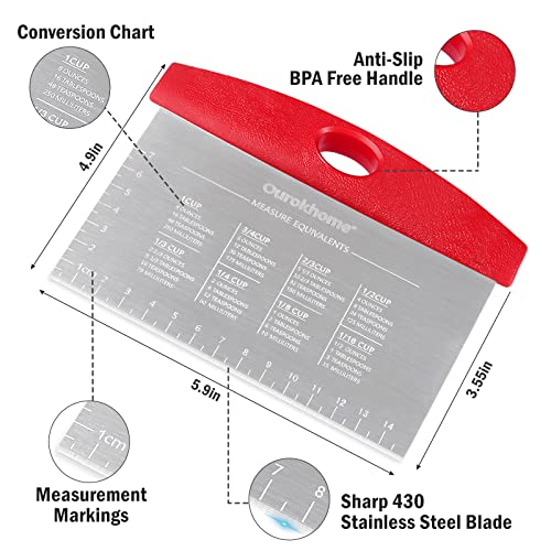 Ourokhome Bench Dough Kitchen Scraper Knife, Stainless Steel Pizza Cutter For Baking, Bread With Anti-Wear Laser-Engraved Measuring Scale And Conversion Chart, Dishwasher Safe, 2 Pack, Red #TOP5