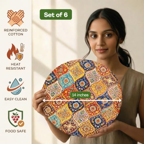 Image of Premium Round Cotton Dining Table Mats Set of 6 | Washable Heat Resistant Food Mat | Circular Dining Table Hot Plate Mats & Coaster for Hot Utensil (14-inch, Printed Mandala /Multicolour)