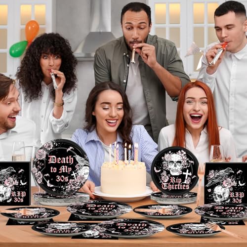 Image of Qyeahkj 100 Pcs 40th Birthday Party Supplies Death to My 30s Paper Plates and Napkins Set Black Rose Gold Rip to My 30s Disposable Tableware Decorations for Women Thirties Funeral Youth Serve 25 Guest