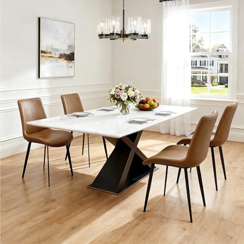 Image of Modern Dining Chairs Set of 4, PU Leather Dining Room Chairs, Upholstered Kitchen Chairs with Ergonomic Backrest & Sturdy Metal Legs, Perfect for Dining Room, Living Room, Brown