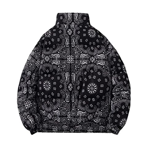 Yimoon Men's Stand Collar Bandana Print Puffer Jacket Full Zip Bubble Coat Winter Warm Padded Baggy Jacket, Black, X-Large Cover