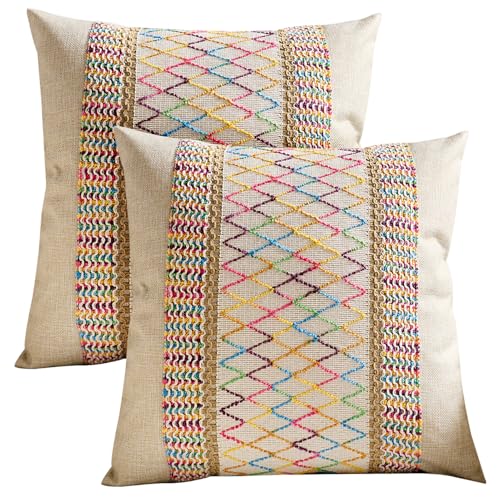Ausing Juego de 2 fundas de cojín decorativas de 45 x 45 cm, multicolor bohemio, ganchillo, para sofá, salón