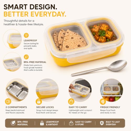 Image of Bento Lunch Box 550ml, Stainless Steel Lunch Box with 2 Compartments & Spoon, Microwave Safe BPA Free Tiffin Box, Leak Resistant Lunch Box for Kids & Adults, Office, School & Travel Yellow