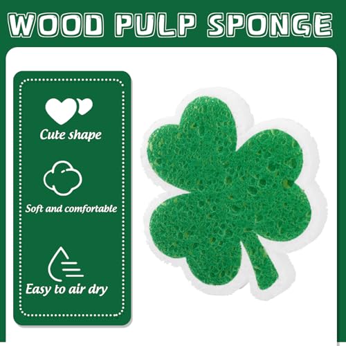 Image of JarThenaAMCS 12 Pack St. Patrick's Day Kitchen Sponges Green Shamrock Clover Shaped Non Scratch Dish Washing Sponges for Irish Home Restaurant