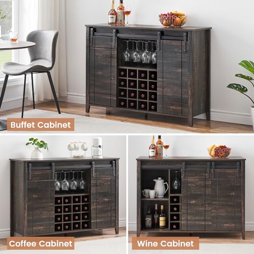 Image of Farmhouse Sideboard Buffet Cabinet with Sliding Barn Doors, Coffee Bar Cabinet with Adjustable Shelves, 16-Bottle Wine Storage & Glass Holder for Dining Room, Living Room,Dark Oak