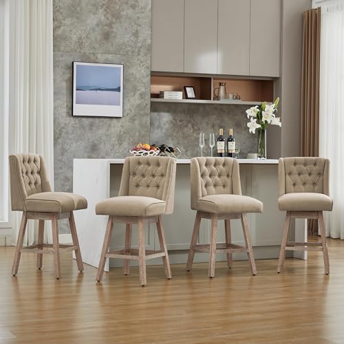 Image of 26 inch Swivel Bar Stools Set of 4, Counter Height Barstools with Back, Linen Fabric Upholstered Bar Stools, Modern Barstools Wood Legs for Kitchen Island Dining Room Bar (Brown, 4PCS-26in)