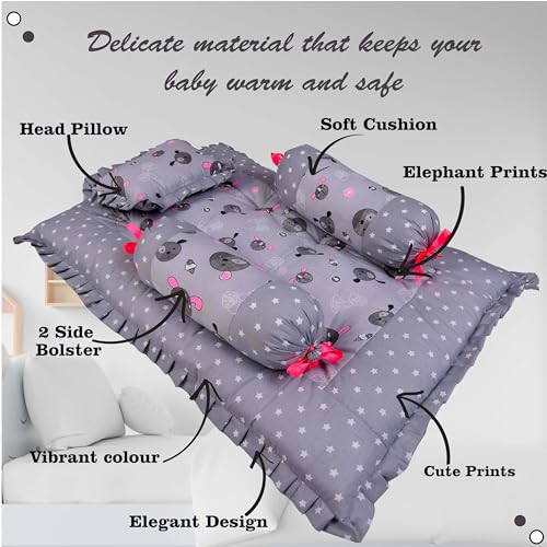 Image of Kwitchy Baby Bedding Set New Born Baby Bed | Mattress | Mosquito Net | Gadda Set | Bed | Cotton | Essential Combos | Gift Pack | Boys & Girls (0-6 Months, Grey) (4PCS Set)