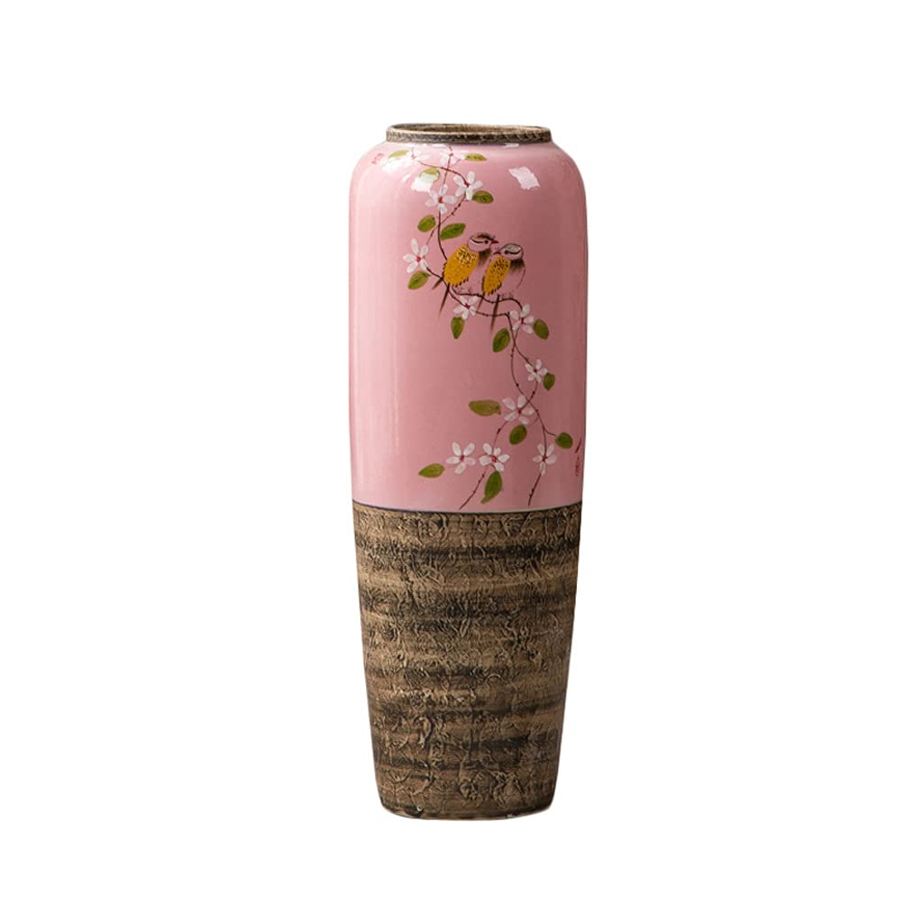 asdchZen Floor Vase Living Room Tv Cabinet Ceramic Large Decorative Vase Flower And Bird Pink Flower Arrangement Dried Flower Vase Decoration, Height 60Cm