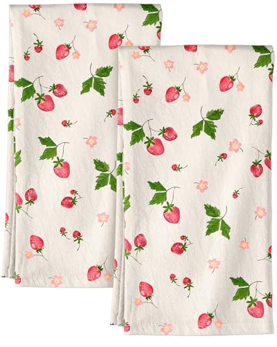Miss Adola Flour Sack Kitchen Towels - Set of 2 Spring Dish Towels with Hanging Loop 18x26 Inch Absorbent Reusable Cotton Cloths for Cleaning Cute Design Home Decorative Housewarming, Color Strawberry