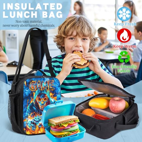 Backpack for School Boys Cool Skull Game Boys Backpack with Lunch Box & Pencil Pouch Set for Kids Children Teens Elementary Middle Schools, Schoolbag Bookbag Daypack Travel Bag Age 6-184