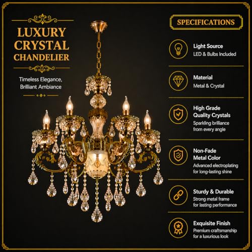 Image of Modern Crystal Chandelier, 6-Light Ceiling Light Glass Fixture, Antique Bronze with Crystal Droplets, Gold Designer Shades for Living, Dining, Bedroom, Staircase & Foyer with Filament Bulbs