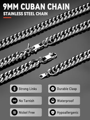 FaithHeart Miami Cuban Link Chain for Men, Silver/Black/14K Gold Plated Stainless Steel Cuban Link Chain Necklaces, 3.5/6/9/12mm Mens Necklace Hip Hop Jewelry 18"-30" Length3