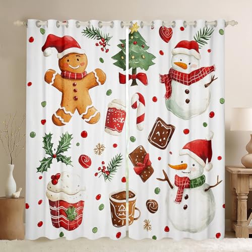 Gingerbread Man Window Curtains Christmas Snowman Darkening Blackout Curtains Happy New Year Window Treatments Xmas Pine Tree Bowknot Grommet Top 2 Panel Set Drapes,42Wx90L