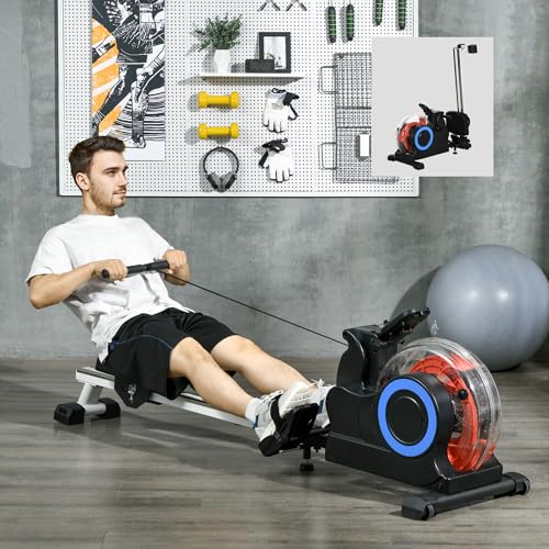 Soozier Water Rowing Machine for Home, Foldable Rower Machine with Adjustable Resistance, Wheels, LCD Monitor and Tablet Holder, 264lbs Weight Capacity, Blue