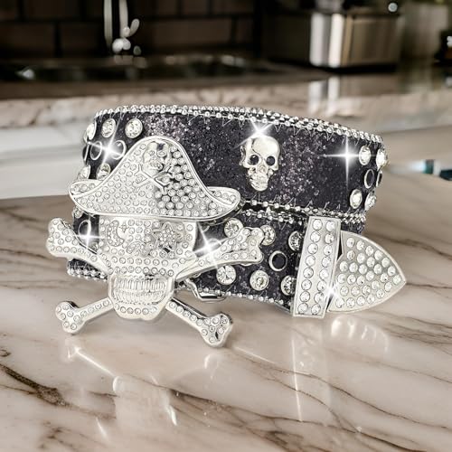Rhinestone Belts for Women,Punk Skull Buckle Belt for Pants Rhinestones Studded Belt Street Dance Jeans Belt Adult Unisex Waist Accessories(Blue,120)4
