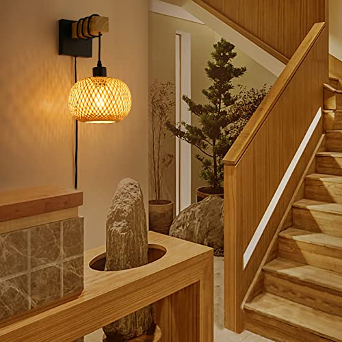 Image of Farmhouse Plug in Wall Light Fixture, Bamboo Rattan Wall Mounting Hanging Lamp for Bedroom, Living Room, Wood Beam Wall socnces with Plug in Cord