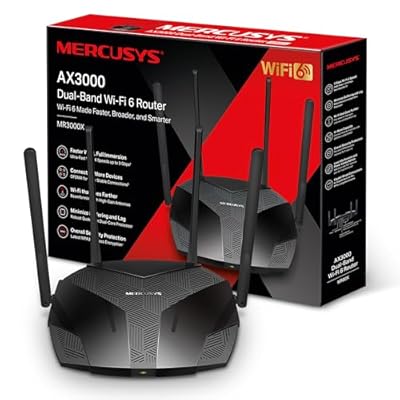 Mercusys Routeur WiFi 6 3000Mbps Routeur WiFi Bi-Bande 4 Ports RJ45 Gigabit 4 antennes 5dBi MU-MIMO WPA3 Connexion intelligente Contrôle Parental Technologie BSS Color MR3000X