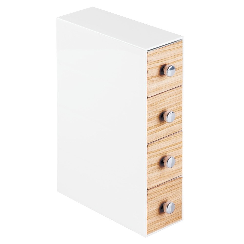 iDesign RealWood 4-Drawer Flip Vanity Organizer - 2.6" x 6.97" x 9.9", White/Light Wood