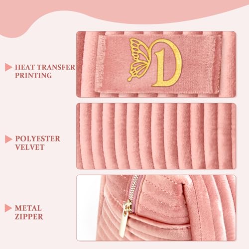 Image of COSHAYSOO Travel Makeup Bag Quilted Make Up Pouch Initial Velvet Cosmetic Case with Butterfly Decorations for Women Birthday Party Favor Supplies Cool Popular Easter Valentines Gifts Pink Letter D