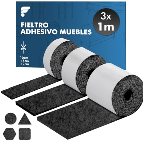 shinfly Almohadillas Fieltro Adhesivo Muebles de 4mm | Protector Patas Muebles | Fieltro Autoadhesivas (100 * 10cm + 100 * 5cm + 100 * 2cm) | Antideslizante Protector Patas Sillas | Negro