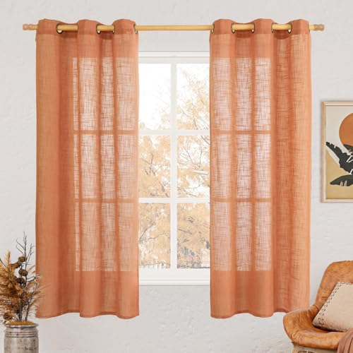 Image of LAMIT Burnt Orange Semi Sheer Linen Curtains 63 Inch Length, Light Filtering Panels Bronze Grommet Country Decor Drapes for Bedroom /Living Room, 2 Panels, 34 x 63 Inch