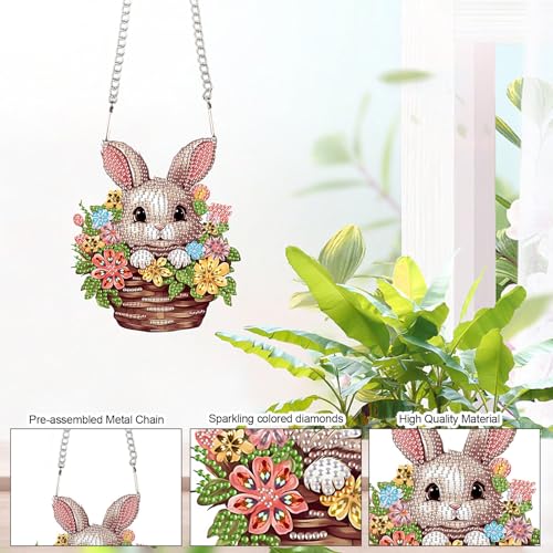 Image of AiYuanzsh Rabbit Flower Basket Diamond Painting Hanging Kit, 5D DIY Acrylic Special Shaped Diamond Art Pendant Ornament with Chain for Wall, Door, or Garden Decor, Easter Diamond Art Kit for Adults