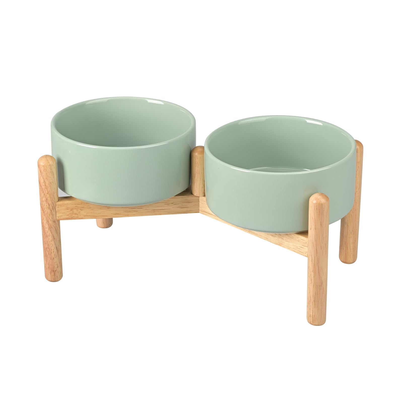 SPUNKYJUNKY Ceramics Raised Dog Bowls with Wooden Stand - Elevated Bowls for Small Medium Dogs (Double 28.7OZ, Light Green)