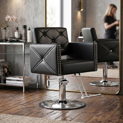 Image of Barber Chair with Rivets, Black Salon Chair for Hair Stylist, 360 Degree Swivel, Heavy Duty Hydraulic Pump, Professional Styling Chair for Salon and Spa