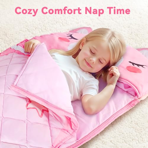 iplay ilearn kid sleeping bag unicorn slumber sack toddler girl nap mat 2 in 1 pink animal cushion blanket happy travel sleepover daycare preschool birthday gift for 3 4 5 6 year old child