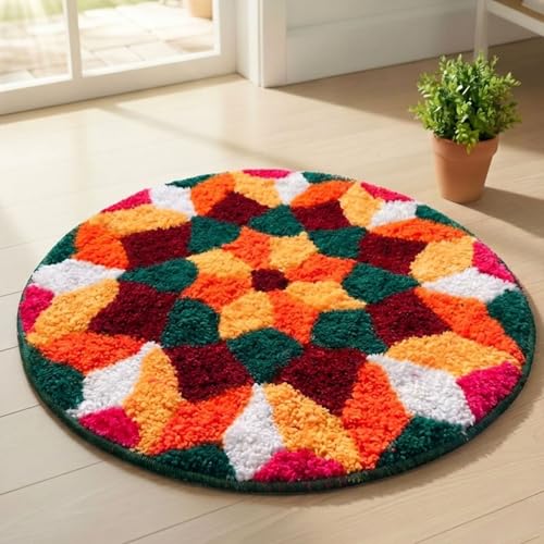 Image of Rangoli (60x60 cm) Super Soft Microfiber Decorative Mat Anti-Skid Door Mats for Home /Bathroom Mat /Bedroom /Kitchen /Floor Mat (Green & Orange)
