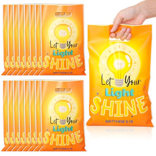 Panelee 50 Pcs Let Your Light Shine Gift Bags Religious Christian Plastic Goody Bags with Handles Cross Candy Treat Gifts for Sunday School VBS Church Party Supplies Party Favor Decoration