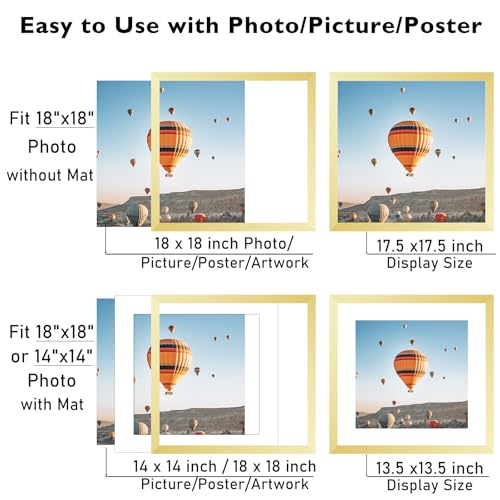 Image of JCJMY 18x18 Picture Frame Gold with 14x14 Mat, Display Photo 14x14 with Mat or 18 x 18 Without Mat, Wall Hanging Large 18x18 Poster Frame with Shatter Resistant Plexiglass, Gold